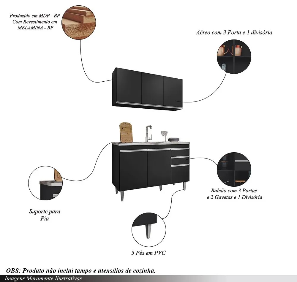 Conjunto Balcão de Cozinha para Pia Pursat Armário Aéreo MDP/BP Preto G96 - Gran Belo