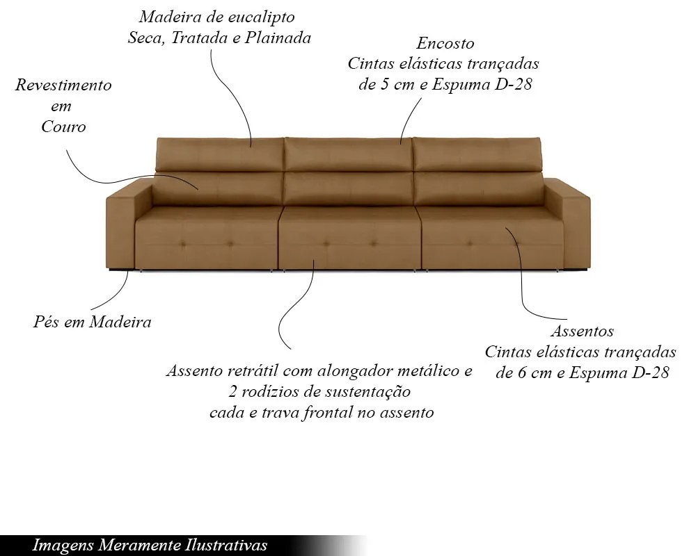 Sofá Retrátil 4 Lugares 284cm 3 Módulos Nero Couro Caramelo G52 - Gran Belo