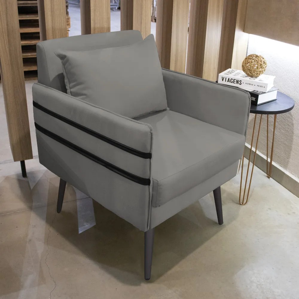 Poltrona Mari Suede com Tira Corano Preto Pés Palito de Ferro Preto D03 - D'Rossi - Grafite