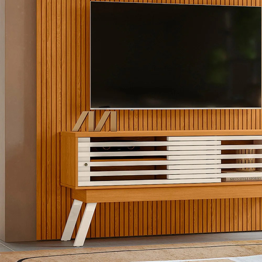 Painel TV 65 Pol 179cm Ripado Valen e Bancada Orlin Cinamomo/Off White M20 - D'Rossi