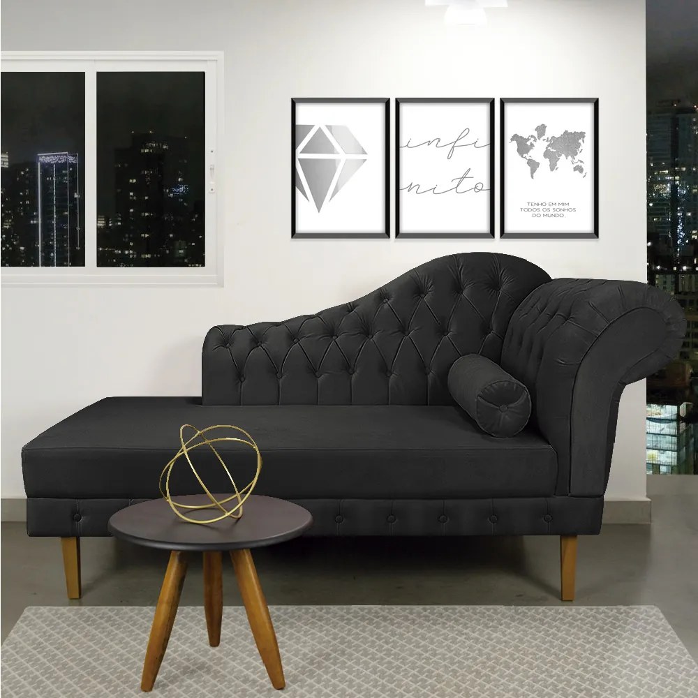 Divã Recamier Capitonê Mônaco 165 cm Suede Preto Pés Chanfrado- D'Rossi