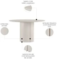 Mesa de Jantar Redonda 135cm 6 Lugares Flex Zuni Off N02 - Mpozenato -