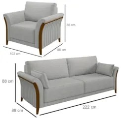 Kit Sofá Living 3 Lugares e Poltrona 102cm Pés Madeira Roya Z32 Linho
