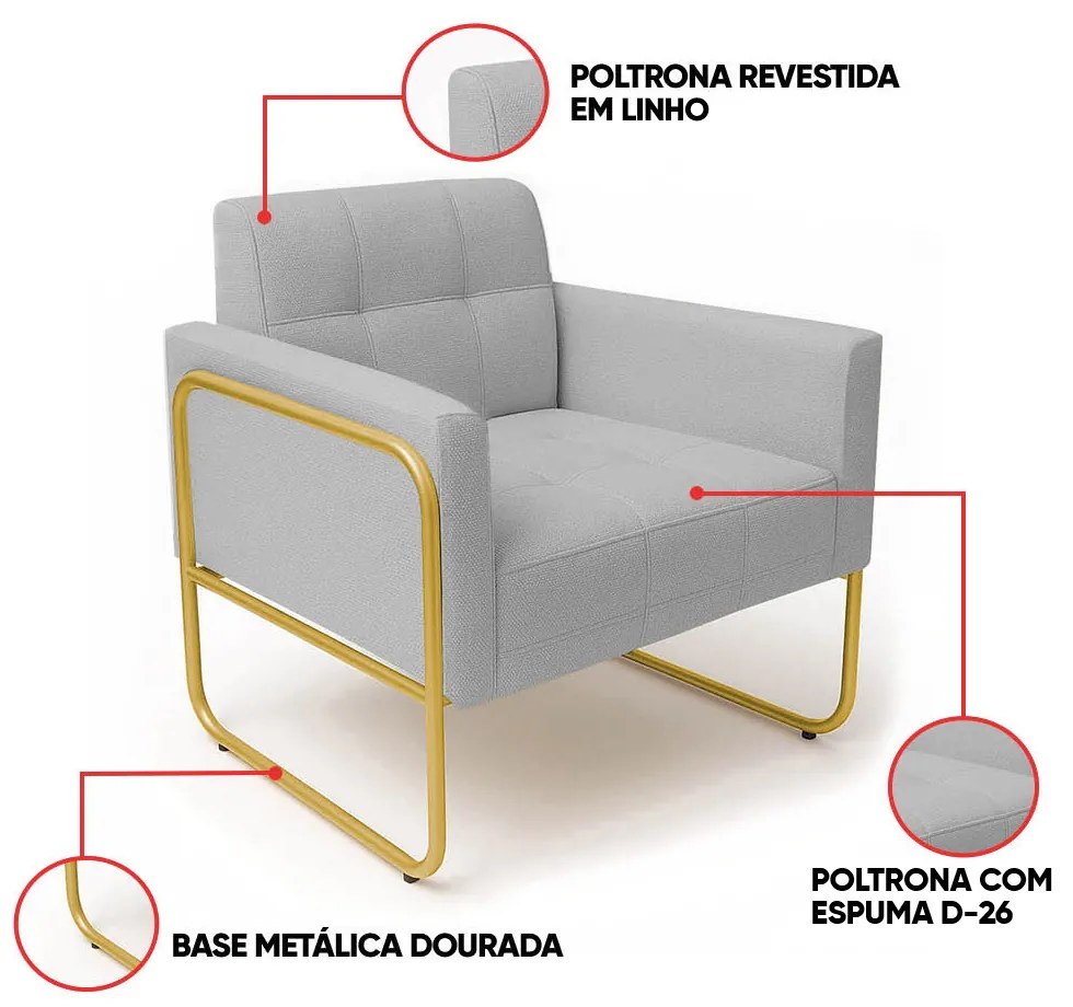 Poltrona Sala Industrial Alta Tubo Dourado Kit 2 Elisa Linho D03 - D'Rossi - Cinza