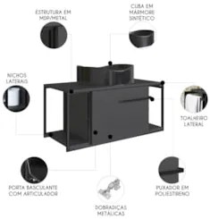 Gabinete Banheiro Suspenso 80cm Cuba Oval Ripy Grafite/Preto Z54 - Mpo