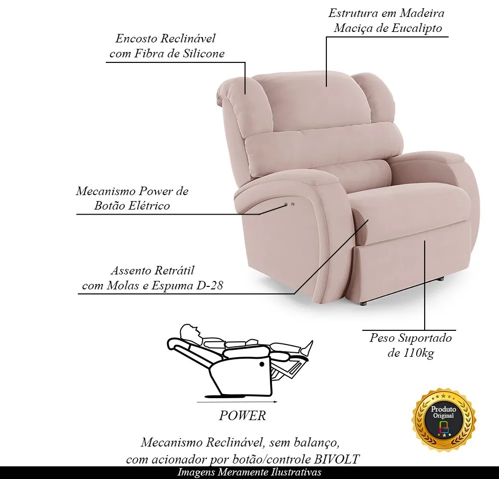 Poltrona do Papai Sala de Cinema Reclinável Kylie Power Touch Veludo Rosê G23