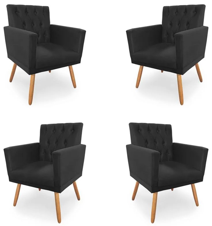 Kit 4 Poltronas Decorativas Clara Capitonê Pés Palito Suede Preto - Sheep Estofados