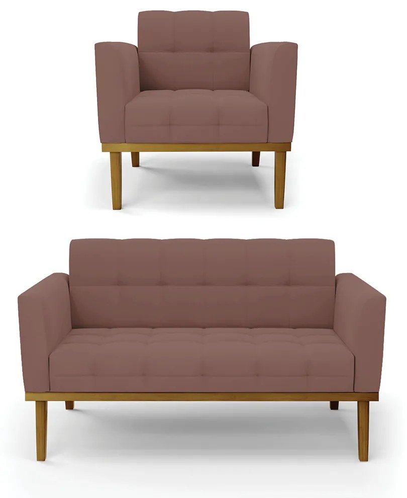 Conjunto Poltrona e Namoradeira Decorativas Karen Pés Fixo em Madeira Castanho Veludo Rose G19 - Gran Belo