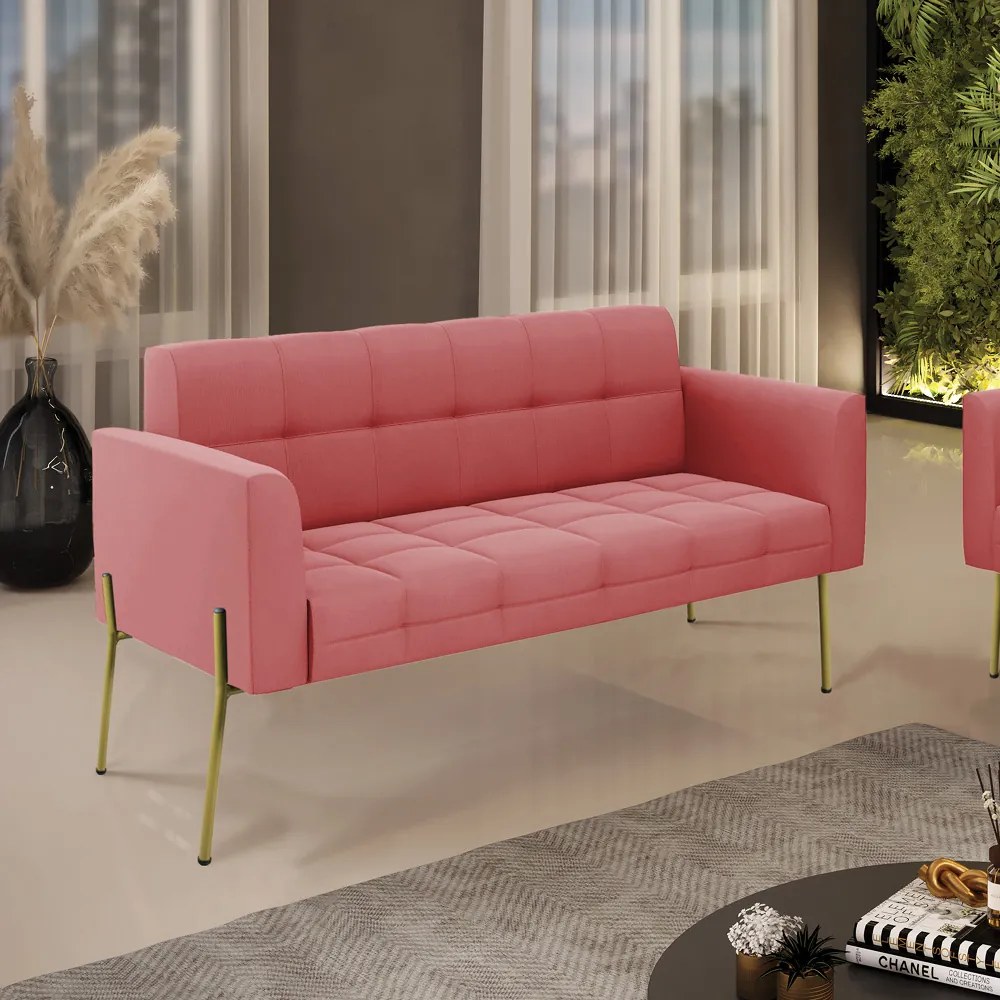 Sofá Namoradeira 2 Lugares Pé de Ferro Dourado Elisa Suede D03 - D'Rossi - Rose