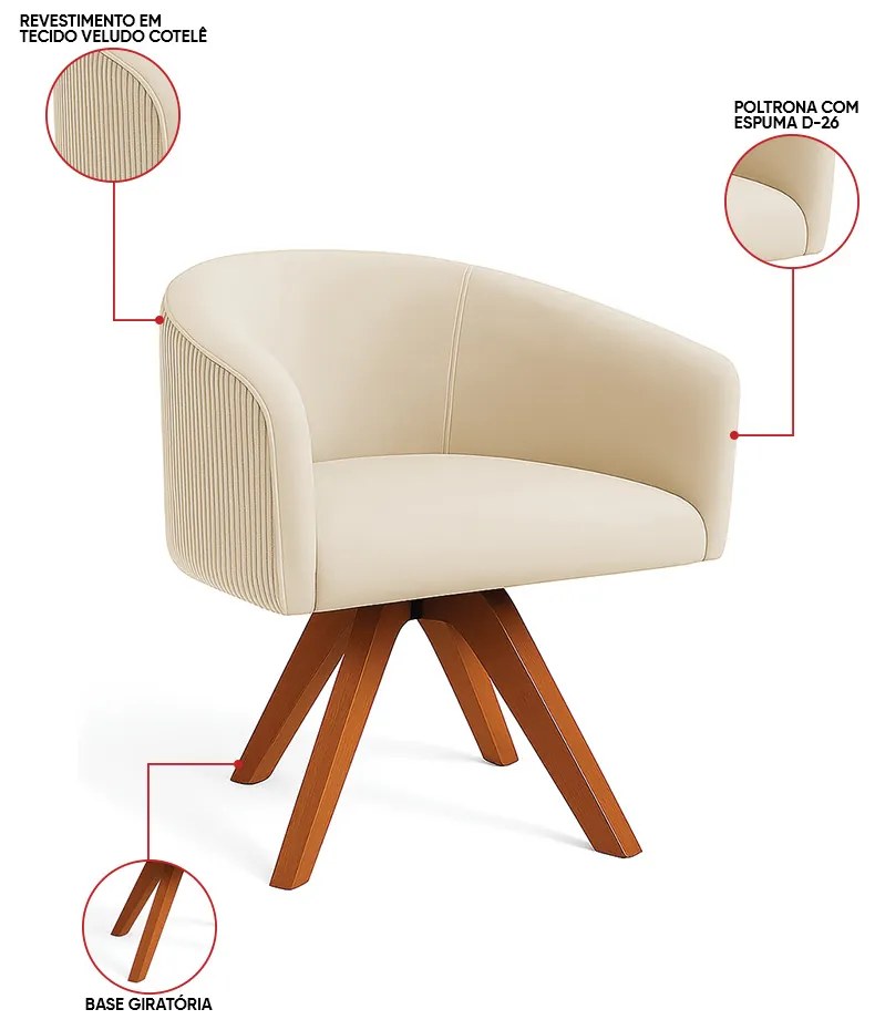 Poltrona Sala Base Giratória Madeira Arielle Veludo Cotelê Bege D03 - D'Rossi
