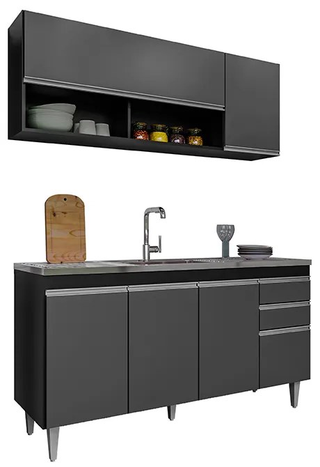 Conjunto Balcão de Cozinha para Pia Aéreo Dodoma MDP/BP Preto/Grafite G96 - Gran Belo