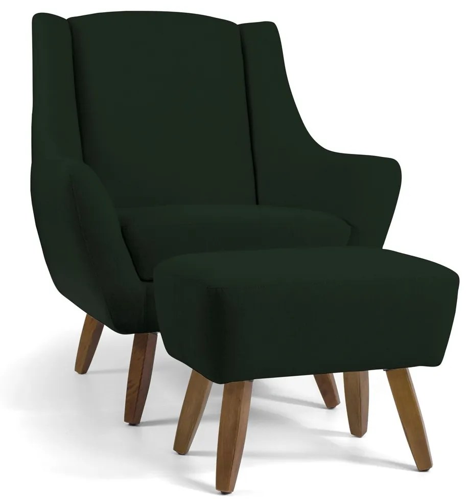 Poltrona Decorativa com Puff Sala de Estar Pés de Madeira Naomi Veludo Verde Musgo G15 - Gran Belo