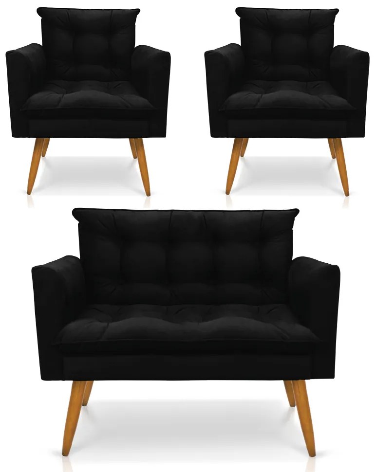 Kit 1 Sofá Namoradeira e 2 Poltronas Tais Suede Pés Palito Castanho - D'Rossi - Preto