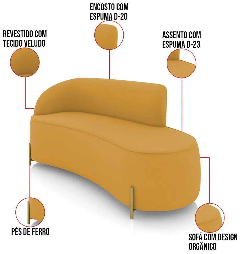 Sofá 3 Lugares Orgânico 180cm Pé em Aço Dourado Morgan Veludo D03 - D'Rossi - Mostarda