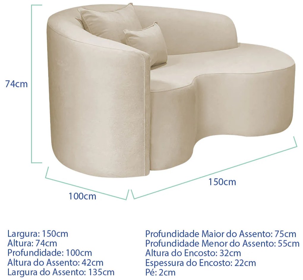 Kit Recamier Curvo Sala de Estar Inglaterra 150cm Lado Direito e Poltrona Orgânica Luxo Luiza Max Bouclé