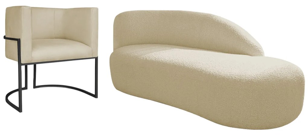 Kit Divã Luna 140cm Lado Direito e 01 Poltrona Base de Ferro Preto Suede