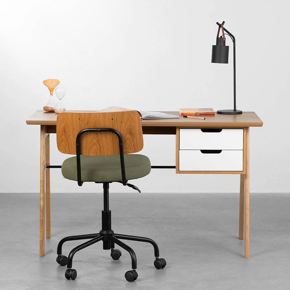 Conjunto Office - Escrivaninha Vintage com 2 Gavetas Feijó e Branco 1,30m + Cadeira de Escritório Cult Freijó e Verde Musgo