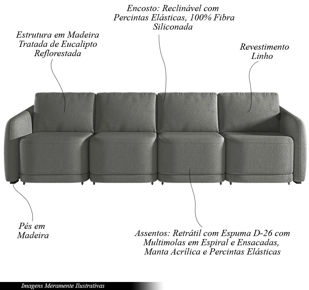 Sofá Cama Modulado Retrátil e Reclinável Decorativo Varsóvia 396cm Linho Cinza Chumbo G33 - Gran Belo