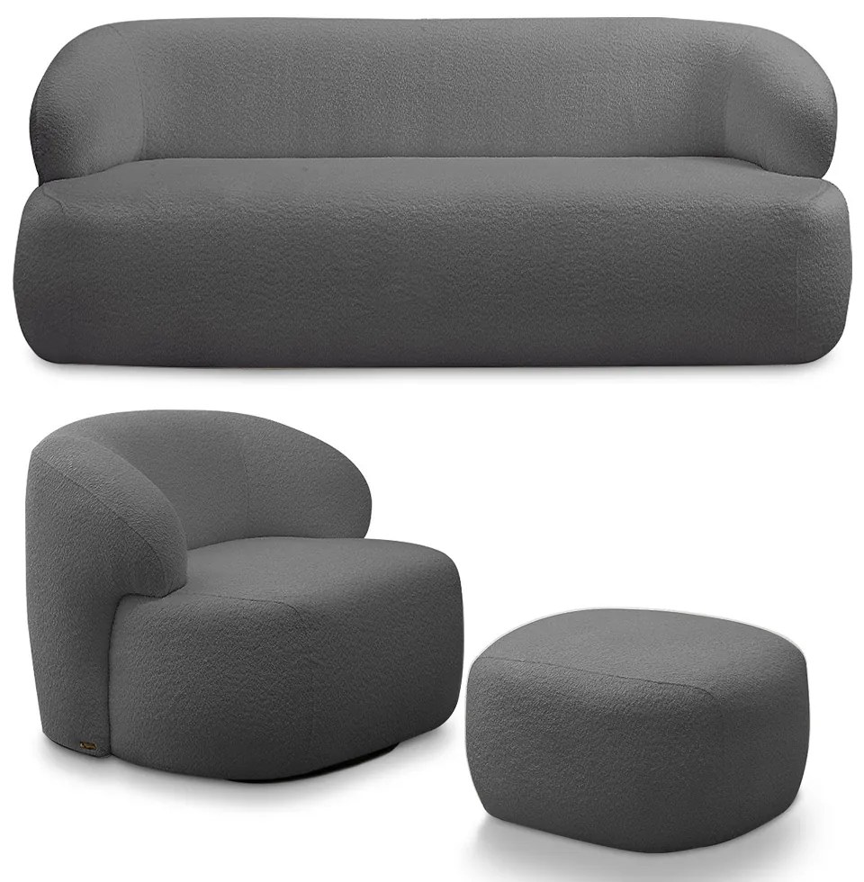 Conjunto Sala de Estar Decorativo Charlote 1 Sofá 180cm 2 Lugares 1 Poltrona Base Giratória em Aço com Puff Bouclê Grafite G88 - Gran Belo