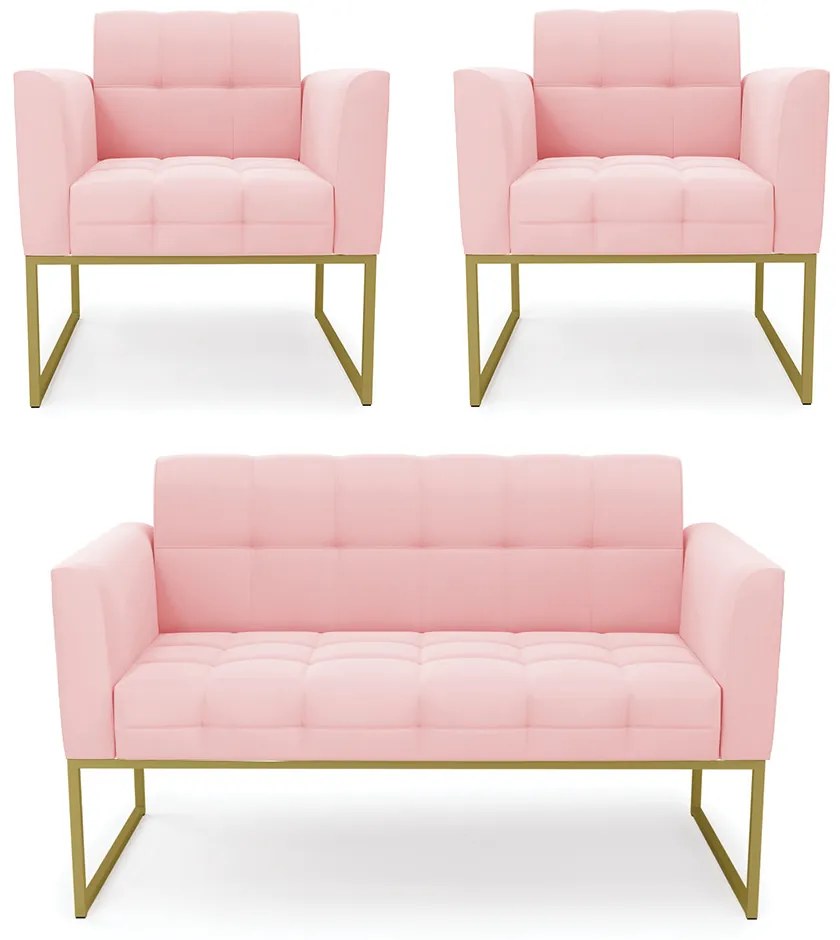 Kit 1 Sofá Namoradeira e 2 Poltronas Elisa Suede Rosa Bebê Base Metálica Industrial Dourado - D'Rossi