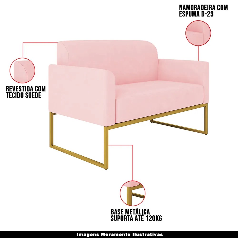 Poltrona Namoradeira Decorativa Isabella Base Industrial Suede Rosa Bebê/Dourado G19 - Gran Belo