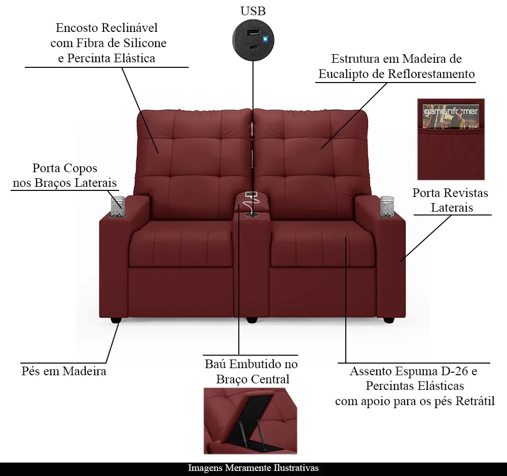 Poltrona do Papai Reclinável Sala de Cinema Movie 2 Lugares Manual Baú USB PU Vermelho G23