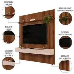 Painel para TV 75 Pol Ripado com Bancada Suspensa 223x240cm Pratisk D0