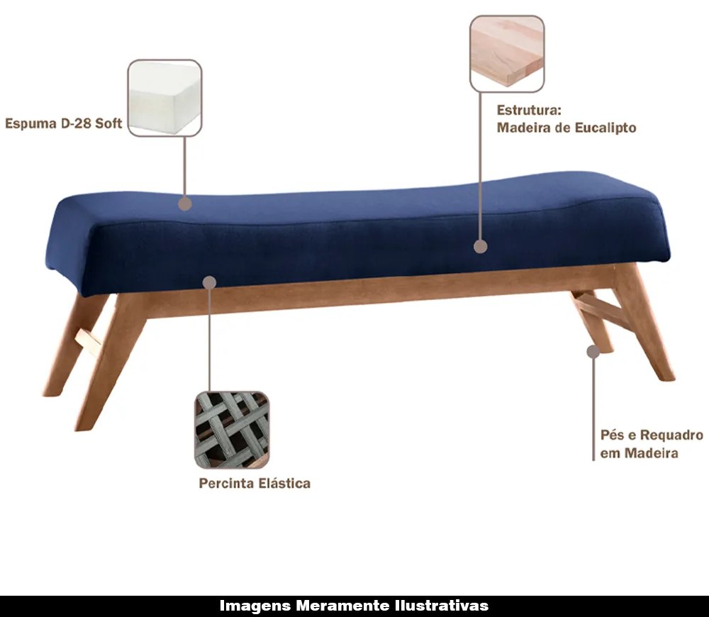 Recamier Decorativo 160cm Lionel Veludo Pés Madeira Azul/Imbúia G62 - Gran Belo