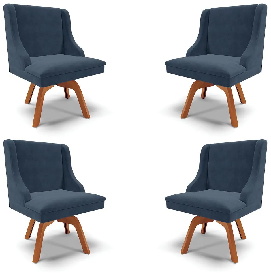 Kit 4 Cadeiras Decorativas Sala de Jantar Base Giratória de Madeira Firenze Suede Azul Marinho/Natural G19 - Gran Belo