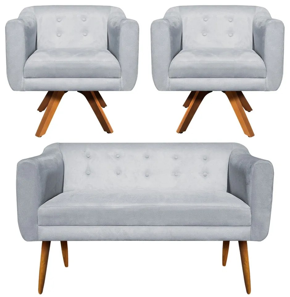 Kit 01 Namoradeira 02 Lugares e 02 Poltronas Giratória Julia Suede Cinza Base Madeira MM30 D'Rossi