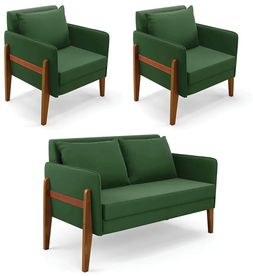 Kit 1 Sofá Namoradeira e 2 Poltronas Lana Suede Base de Madeira - D'Rossi - Verde