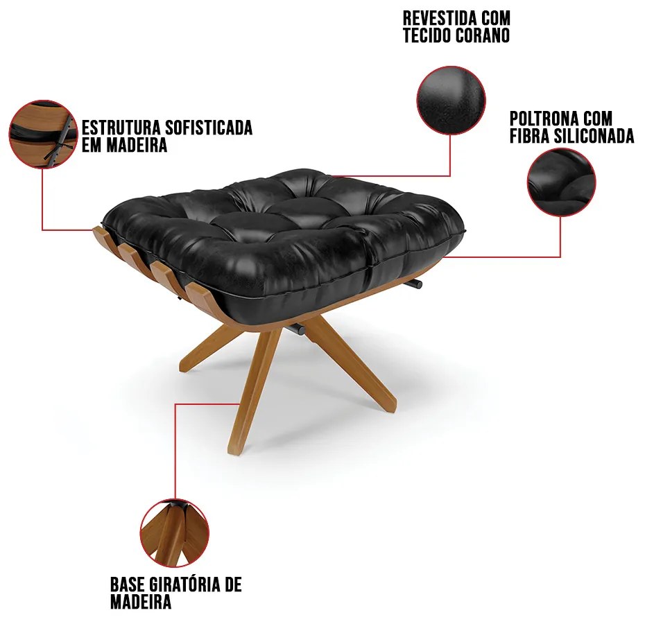 Puff Giratório Costela Sintético PU Preto Base de Madeira MA30 M11 - D'Rossi