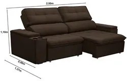 Sofá Retrátil Reclinável 3 Lugares 250cm Ginevra F05 Veludo Marrom - M