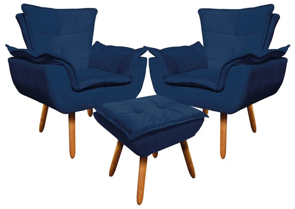 02 Poltronas e 01 Puff Pé Palito de Madeira Opala Suede - Azul Marinho