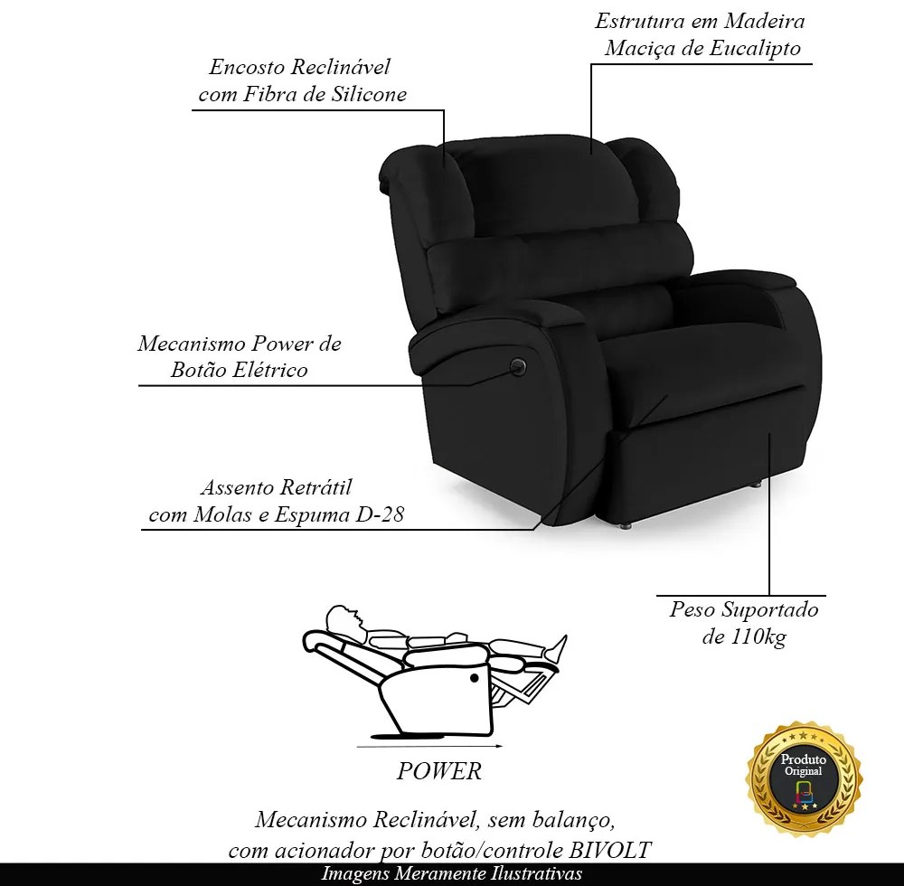Poltrona do Papai Sala de Cinema Reclinável Kylie Power Elétrica PU Preto G23