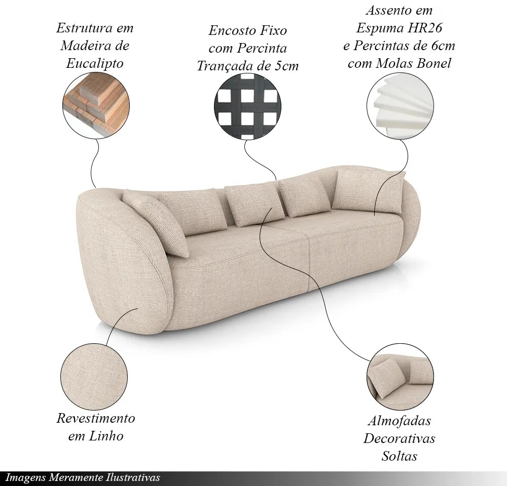 Sofá Bipartido Sala de Estar Diamond 232cm com Almofadas Soltas Linho Bege Claro G52 - Gran Belo