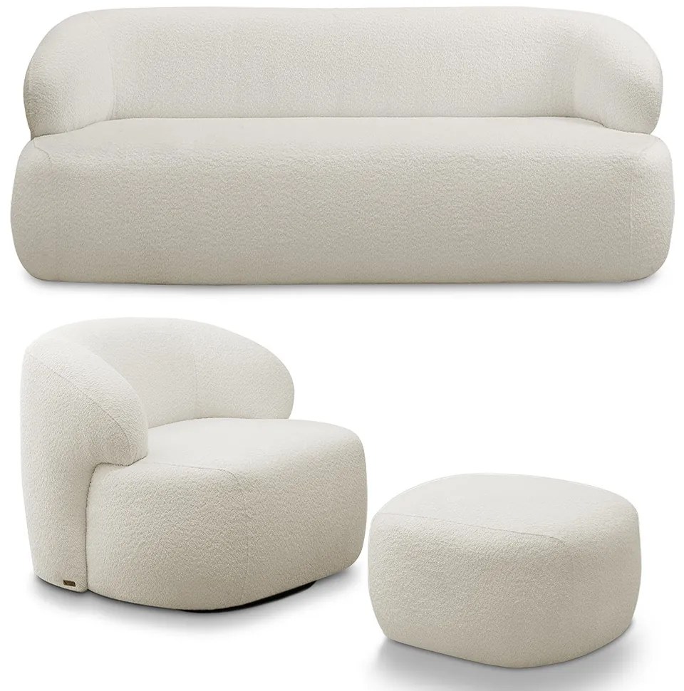 Conjunto Sala de Estar Decorativo Charlote 1 Sofá 180cm 2 Lugares 1 Poltrona Base Giratória em Aço com Puff Bouclê Off White G88 - Gran Belo