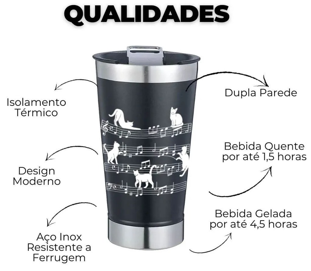 Copo Térmico Gato Musical Preto Com Tampa e Abridor Chopp