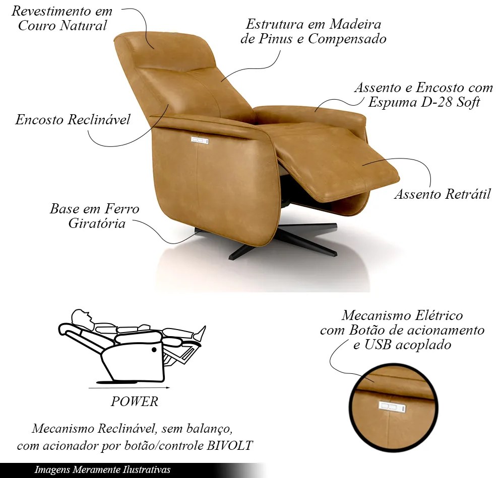 Poltrona do Papai Reclinável Power Elétrica Anakin Base Estrela Giratória USB Couro Caramelo Brilho G76 - Gran Belo
