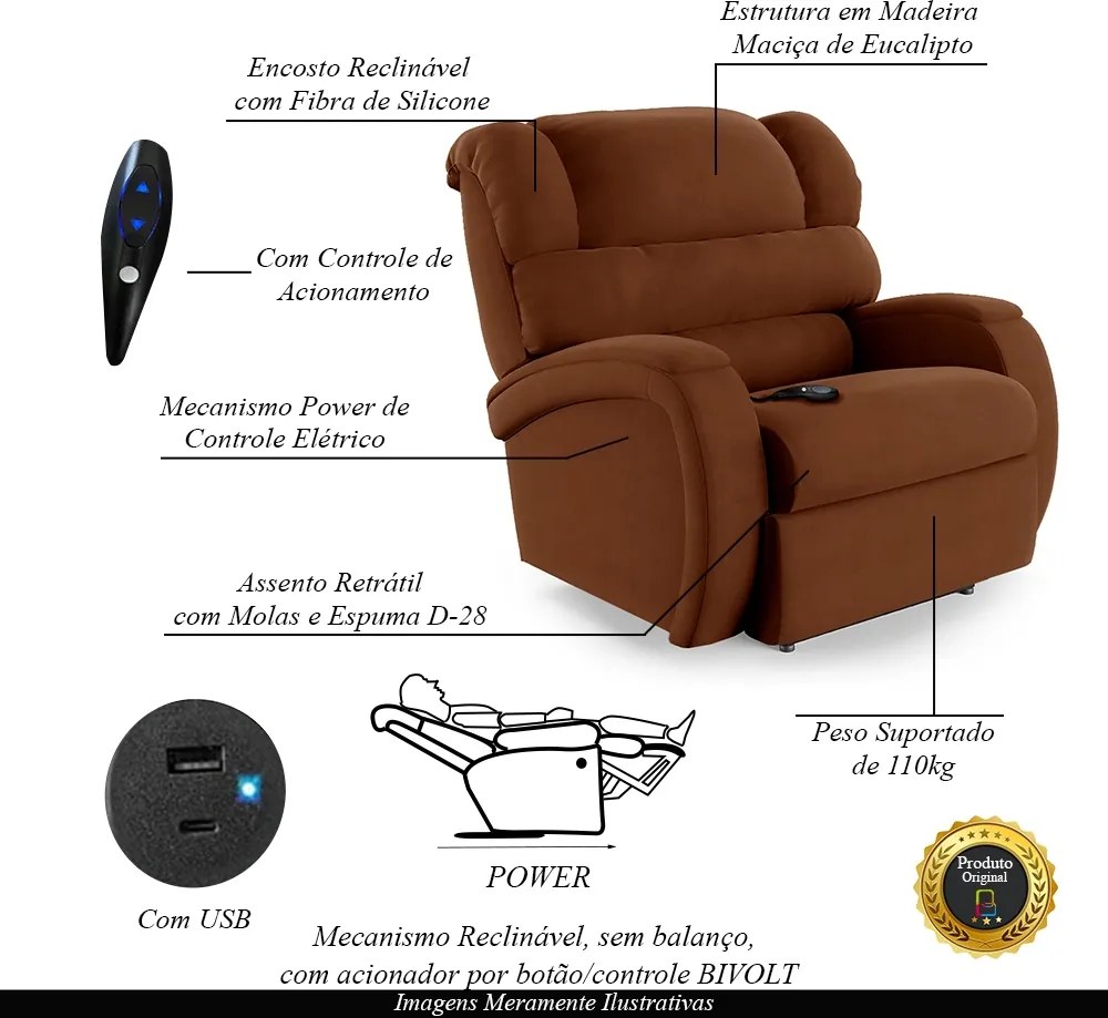 Poltrona do Papai Sala de Cinema Reclinável Kylie Controle Power Elétrico USB Veludo Terracota G23
