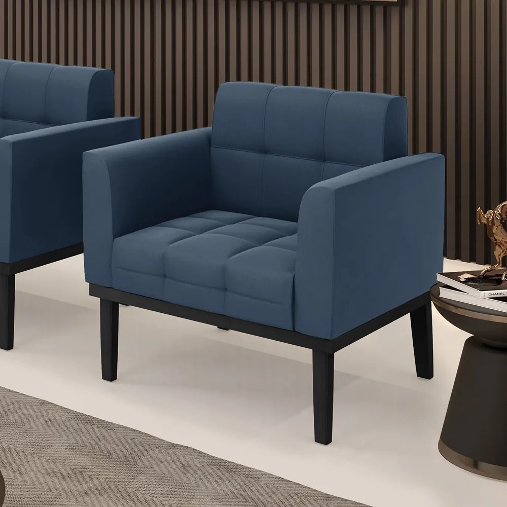 Poltrona Decorativa Karen Pés Fixo em Madeira Preto Suede Azul Marinho G19 - Gran Belo