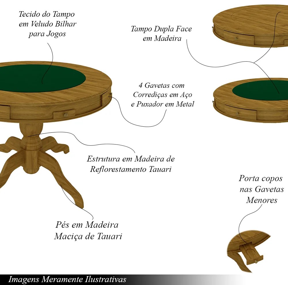 Conjunto Mesa de Jogos Carteado Bellagio Tampo Reversível Verde e 6 Cadeiras Madeira Poker Base Estrela Linho Cinza/Mel G42 - Gran Belo