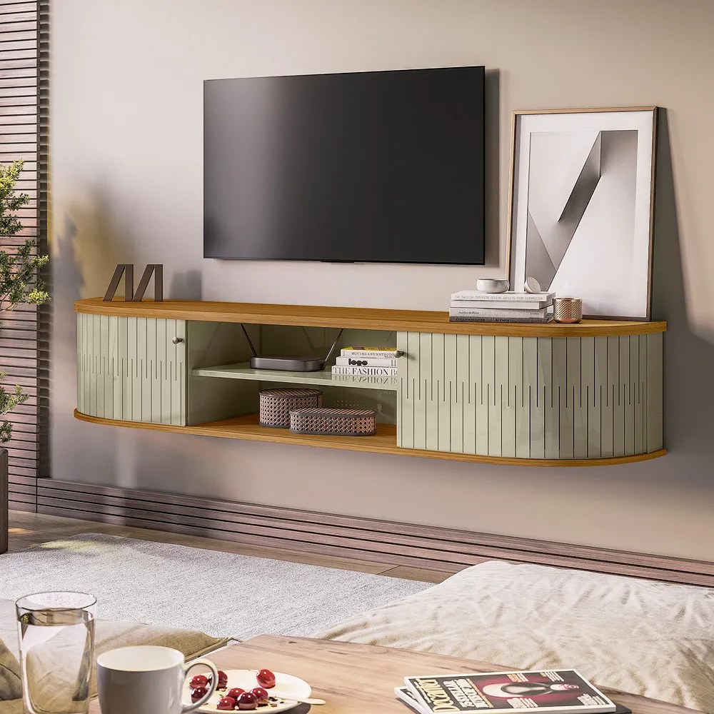 Rack TV 75 Pol 183cm Bancada Suspenso Ripado Aurenzo Cumaru/Opala M20 - D'Rossi