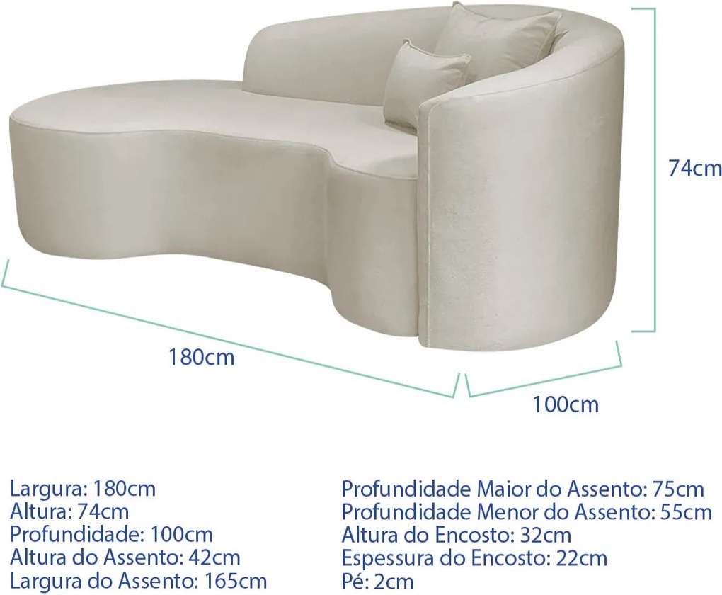 Kit Recamier Curvo Sala de Estar Inglaterra 180cm Lado Esquerdo e 2 Poltronas Orgânica Luxo Amore Linho