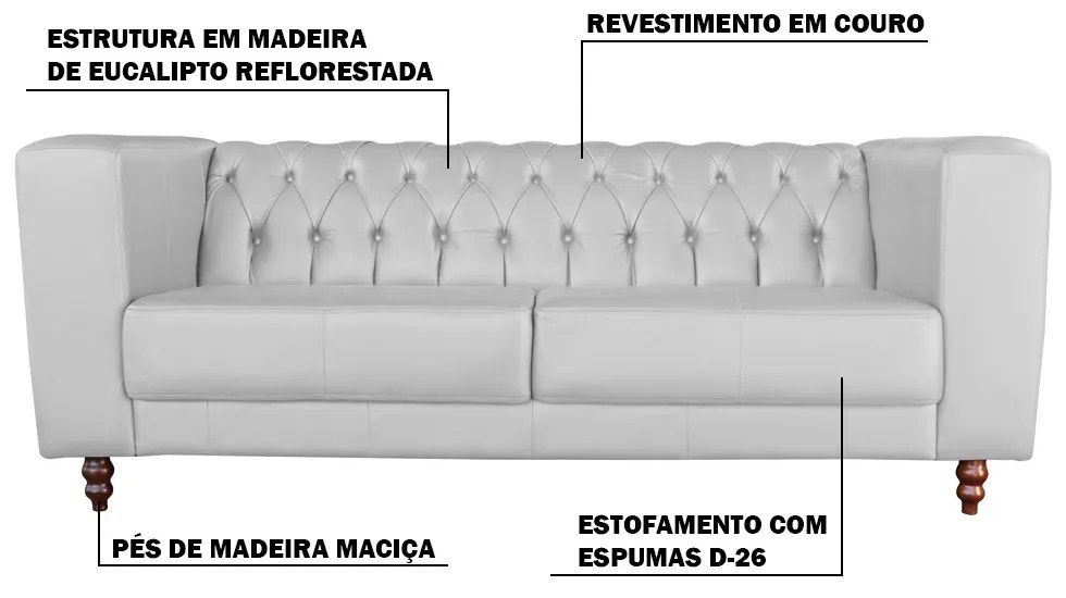 Sofá 3 Lugares Ravena 240cm Couro Branco G58 - Gran Belo