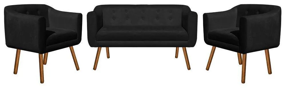 Kit 01 Namoradeira 02 Lugares e 02 Poltronas Julia Suede Preto Pés Palito Castanho D'Rossi