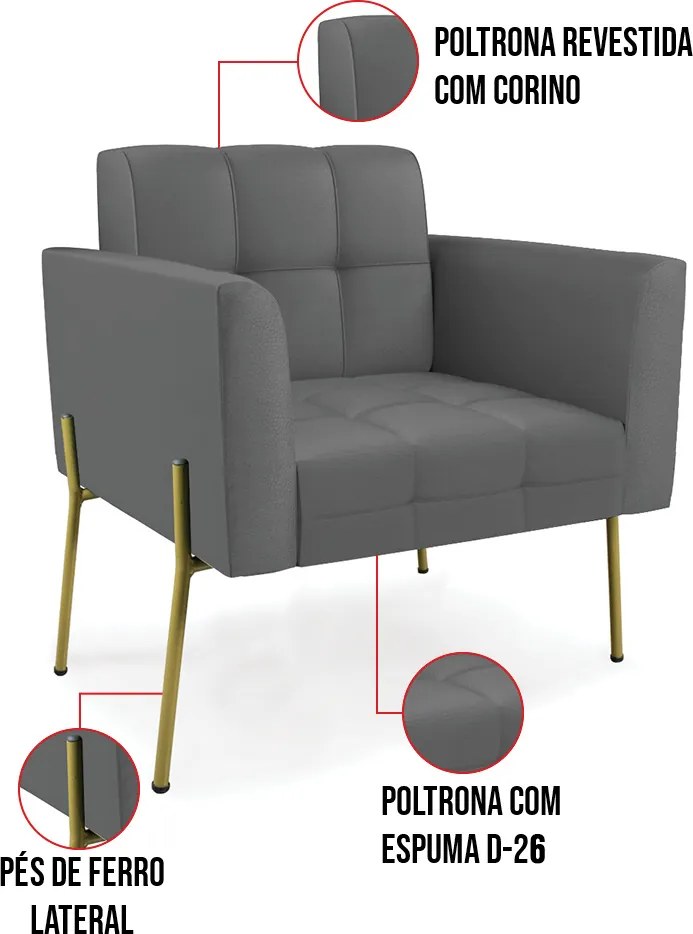 Poltrona Pé de Ferro Dourado para Sala Elisa Corino Grafite D03 - D'Rossi