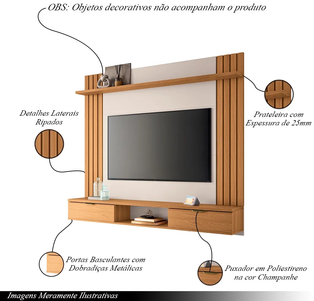 Painel Suspenso Decorativo Doss TV até 70 Pol Ripado MDP/MDF Cinamomo/Off White G26 - Gran Belo