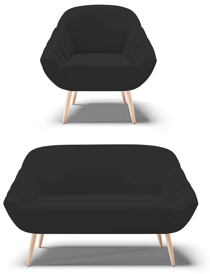 Kit 01 Namoradeira 02 Lugares e 01 Poltrona Giovana Veludo Pés Palito Natural - D'Rossi - Preto