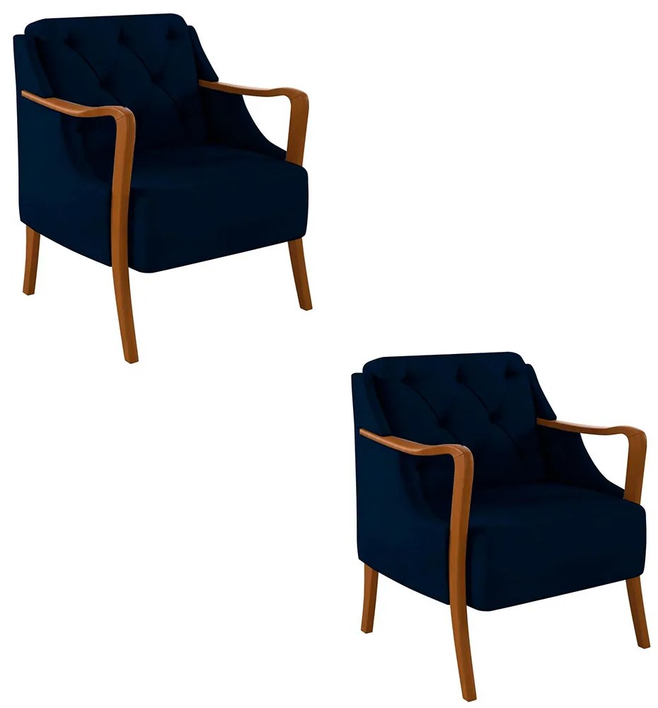 Kit 2 Poltronas Decorativas Braços em Madeira Hand Veludo Azul Marinho G45 - Gran Belo
